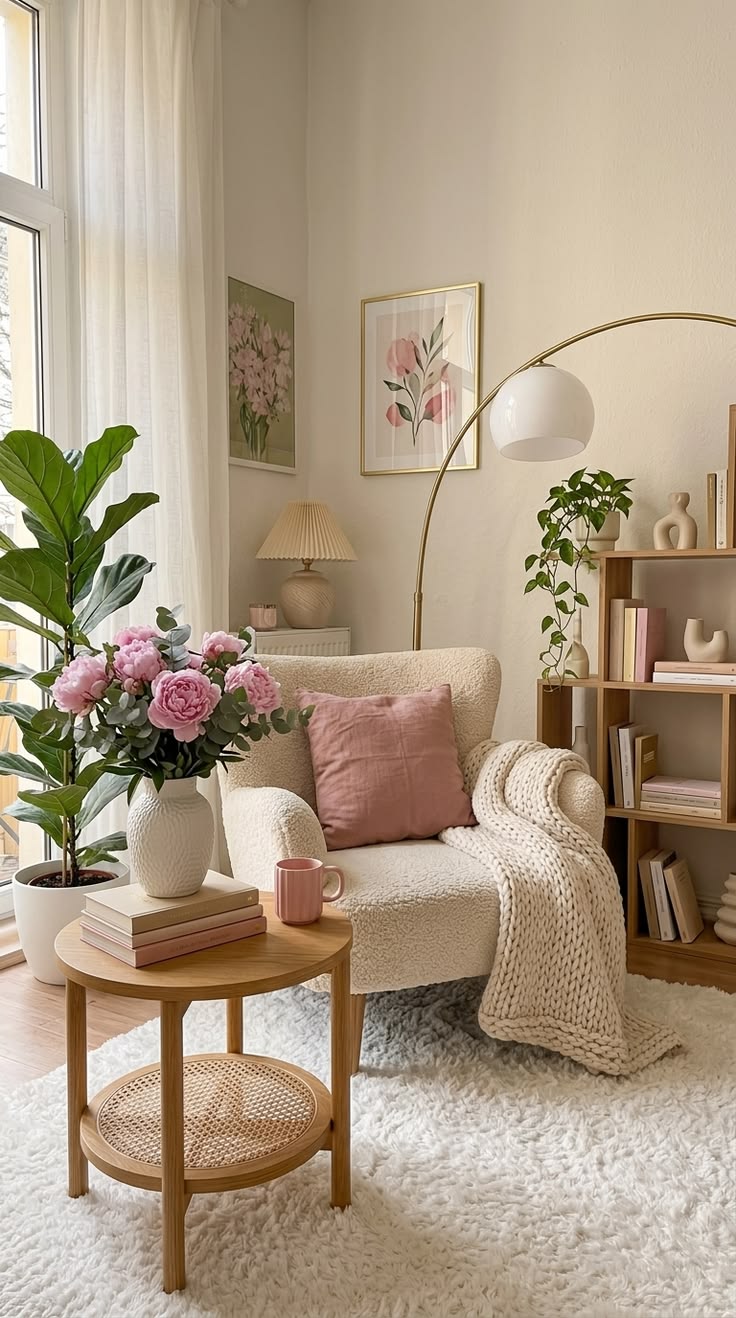 A cozy living room corner with a cream armchair, a tall fiddle leaf fig plant, a wooden side table with pink flowers, and a gold arc floor lamp illuminating the space.