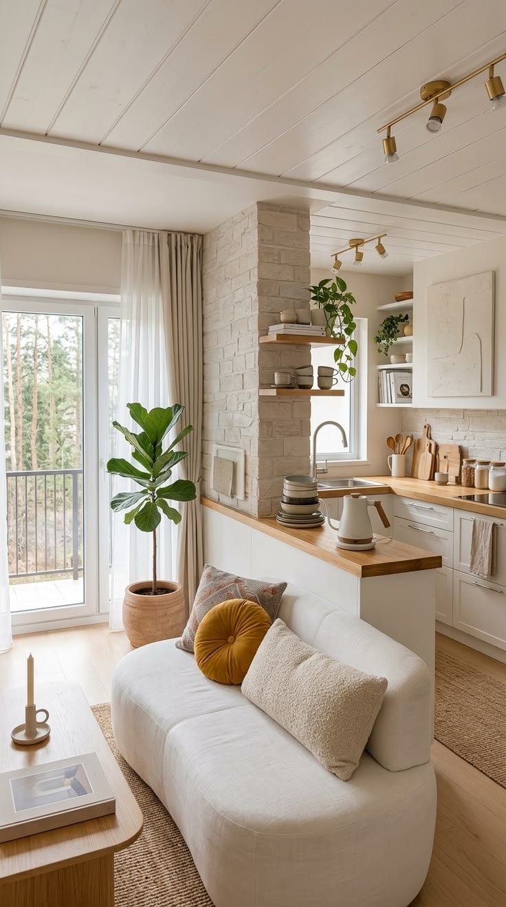 A cozy living room with a white sofa, wooden coffee table, and a sliding glass door leading to a balcony with trees.