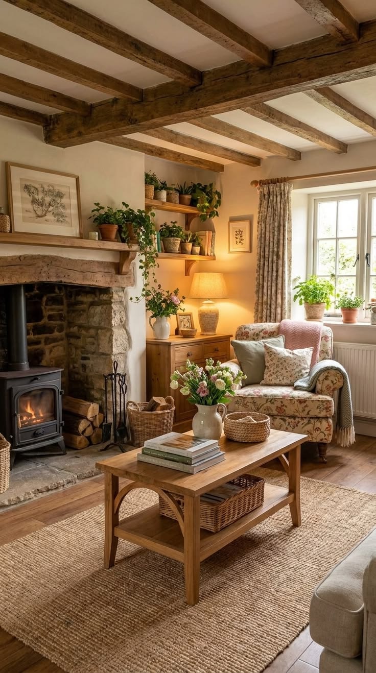 A cozy living room with a stone fireplace, wooden beams, and warm lighting from a lamp and window.