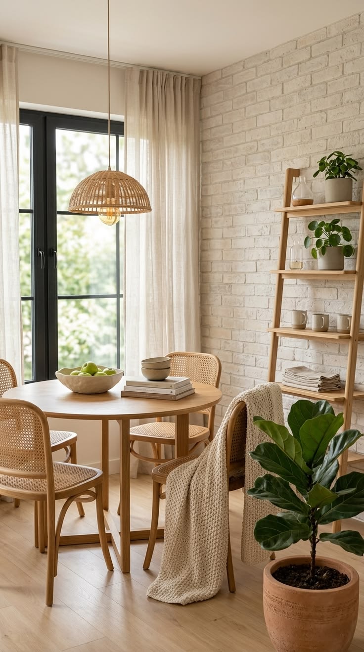 A cozy living room with a round wooden table, wicker chairs, a rattan pendant light, and a large potted plant near a white brick wall.