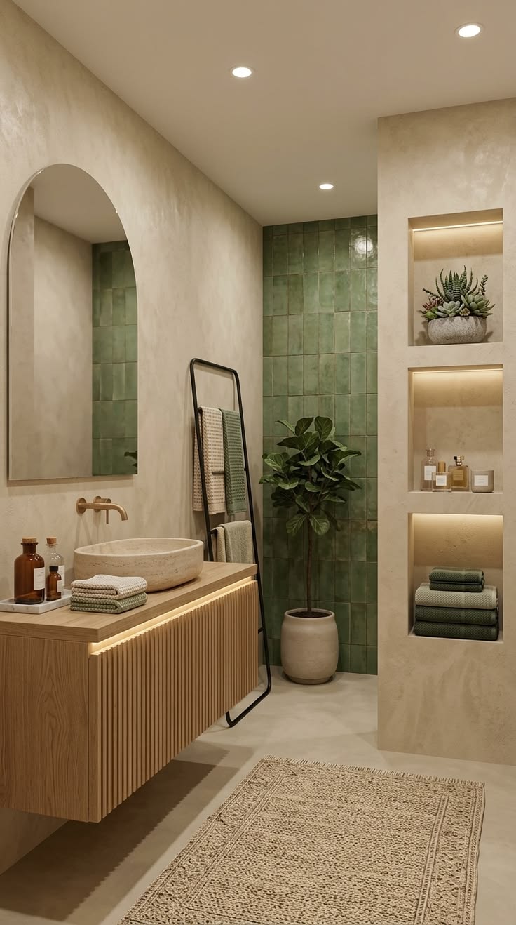 A modern bathroom with warm lighting, green tiles, and a wooden vanity.
