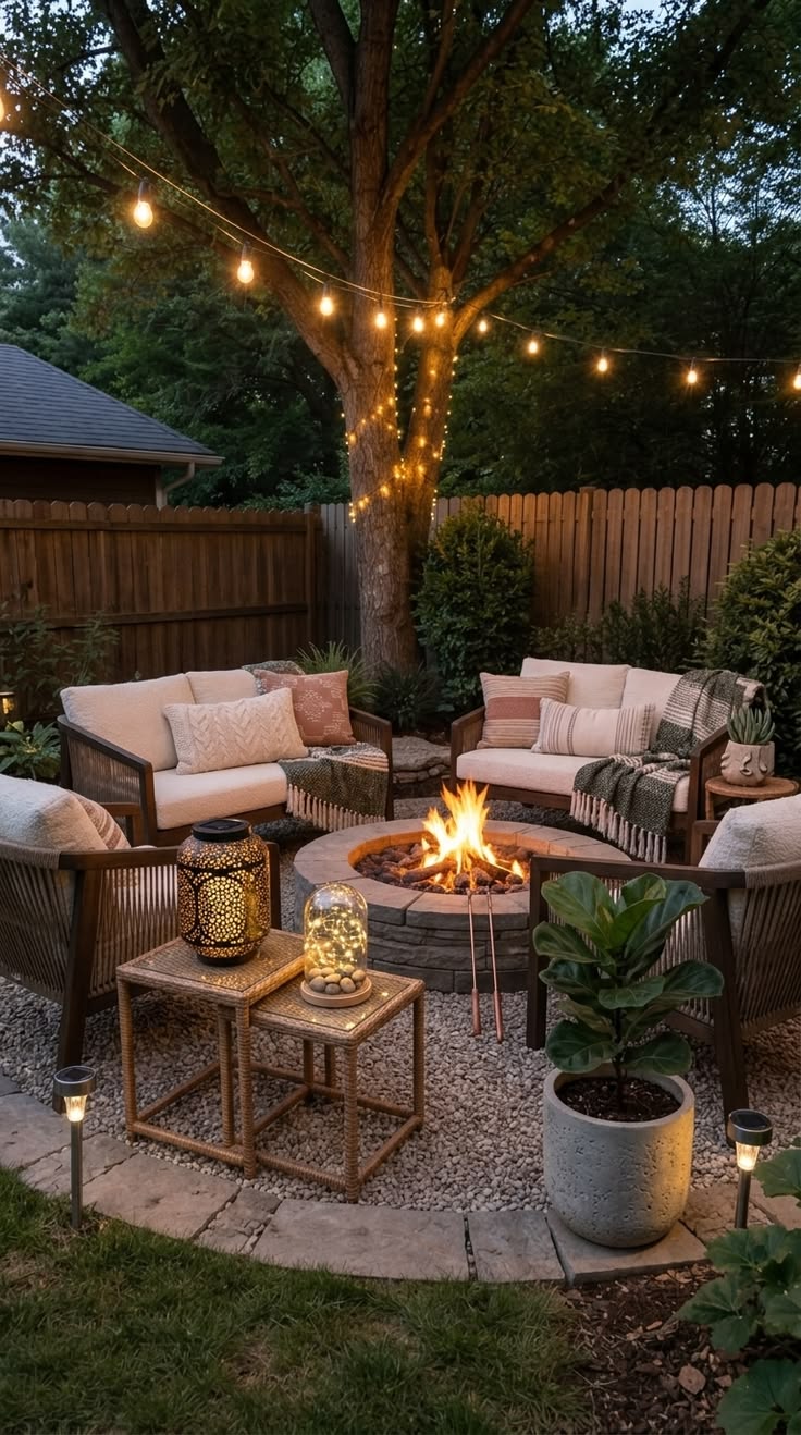 A cozy outdoor fire pit seating area with string lights, wicker furniture, and a stone fire pit surrounded by gravel and plants.