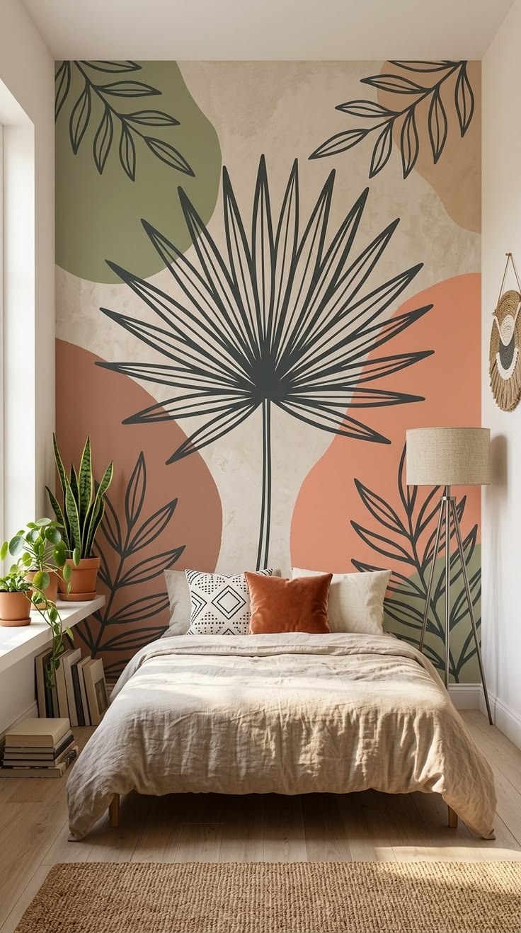 A bedroom with a large botanical wallpaper featuring a central palm leaf design, flanked by abstract shapes in green and terracotta, with a bed, plants, and a floor lamp.