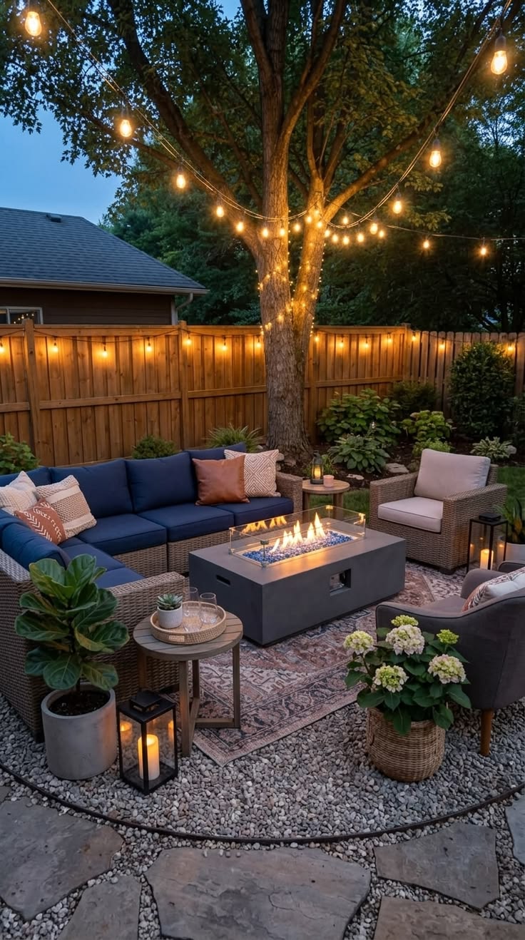 A cozy outdoor seating area with string lights, potted plants, and a weather-resistant rug.