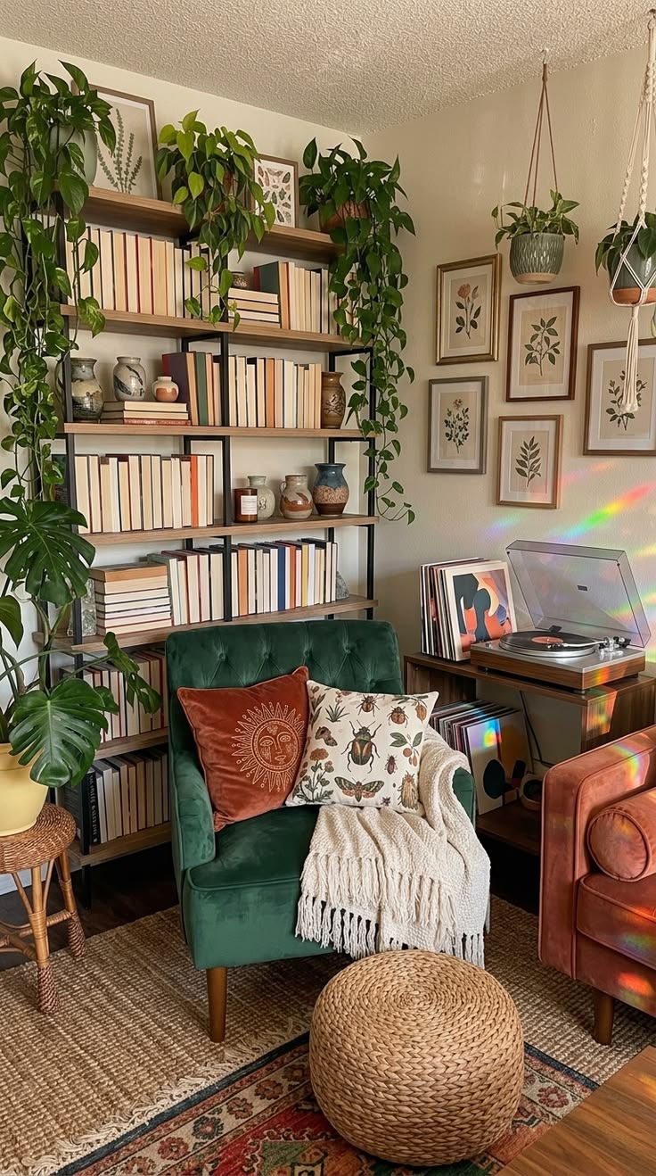 A cozy living room corner with a green armchair, a large bookshelf filled with books and trailing plants, a record player, and framed botanical art on the wall.