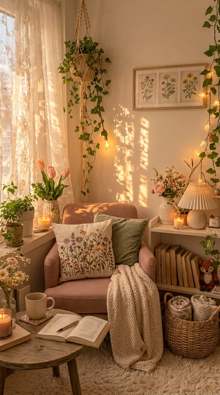 A cozy reading nook with a pink armchair, hanging plant, and soft lighting from candles and a lamp.