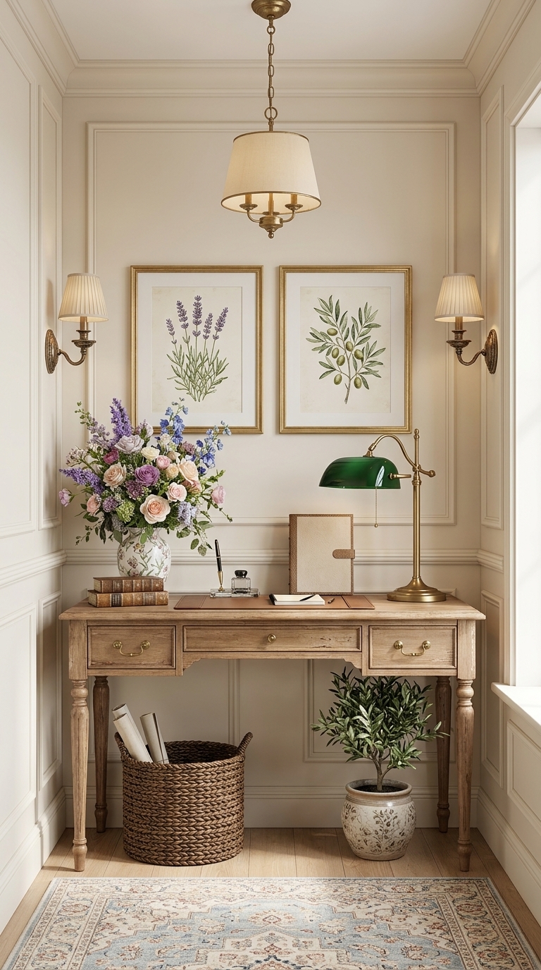 A cozy home office nook featuring a wooden desk, framed botanical art, a green desk lamp, and a potted olive tree.
