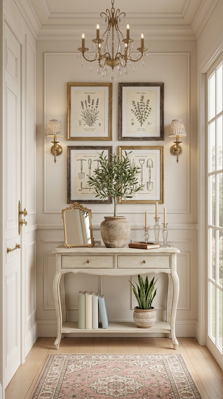 A classic entryway with a white console table, framed botanical prints, a chandelier, and a pink patterned rug.