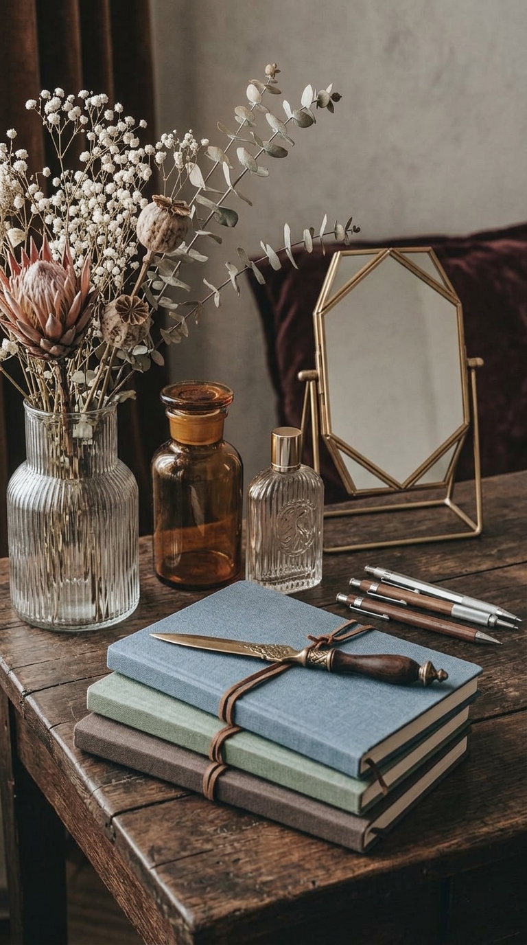 A rustic wooden desk holds a stack of notebooks, a brass pen, a glass vase with dried flowers, amber and clear bottles, and a geometric gold mirror.