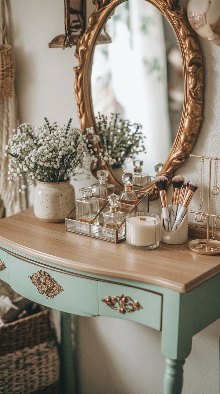 A mint green vanity table with a wooden top, holding a gold-framed mirror, a vase of white flowers, perfume bottles, a candle, makeup brushes, and a jewelry stand.