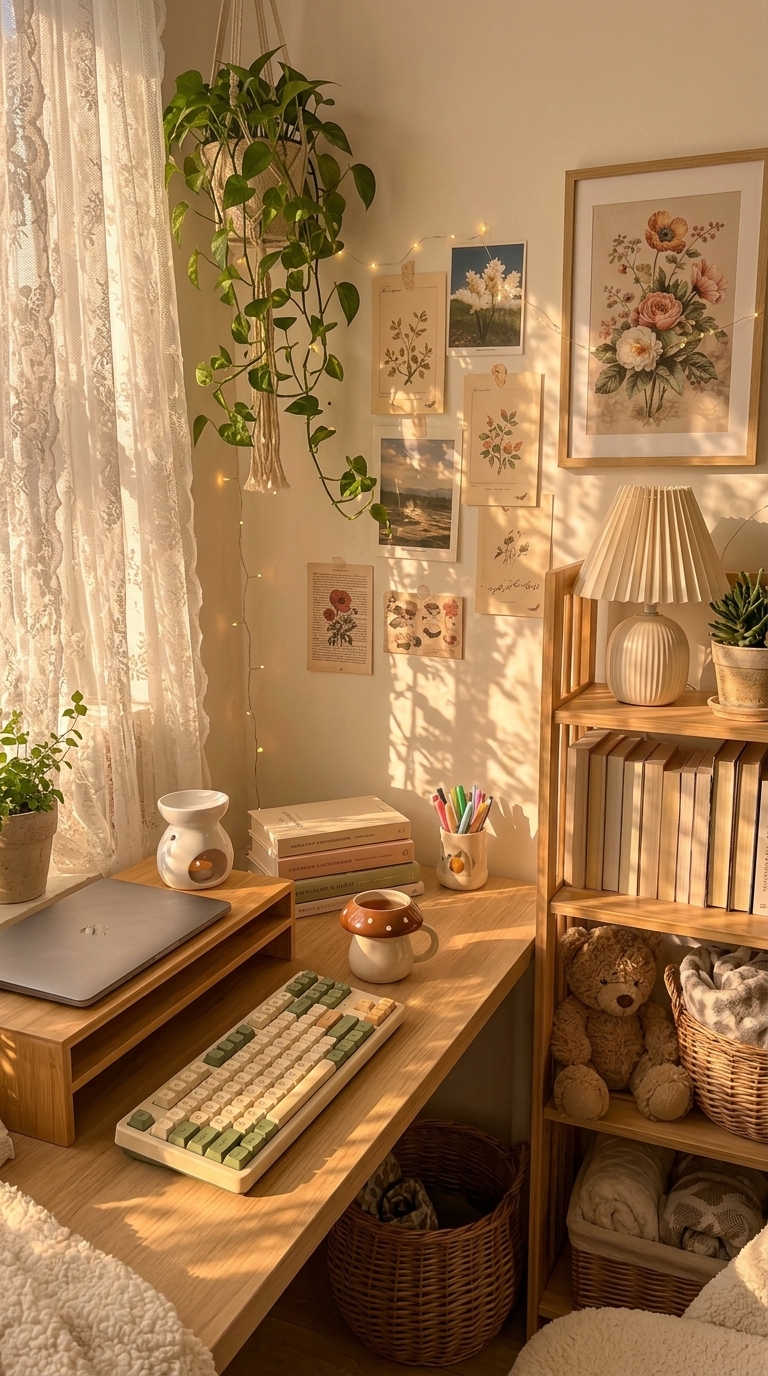 A cozy home office corner with a wooden desk, a hanging plant, a bookshelf, and soft sunlight streaming through a lace curtain.