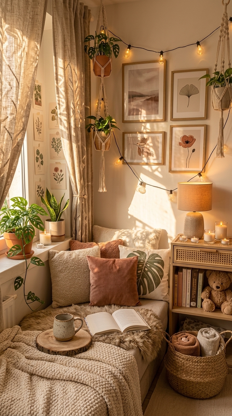 A cozy corner with a window seat, hanging plants in macrame holders, string lights, and a bookshelf.