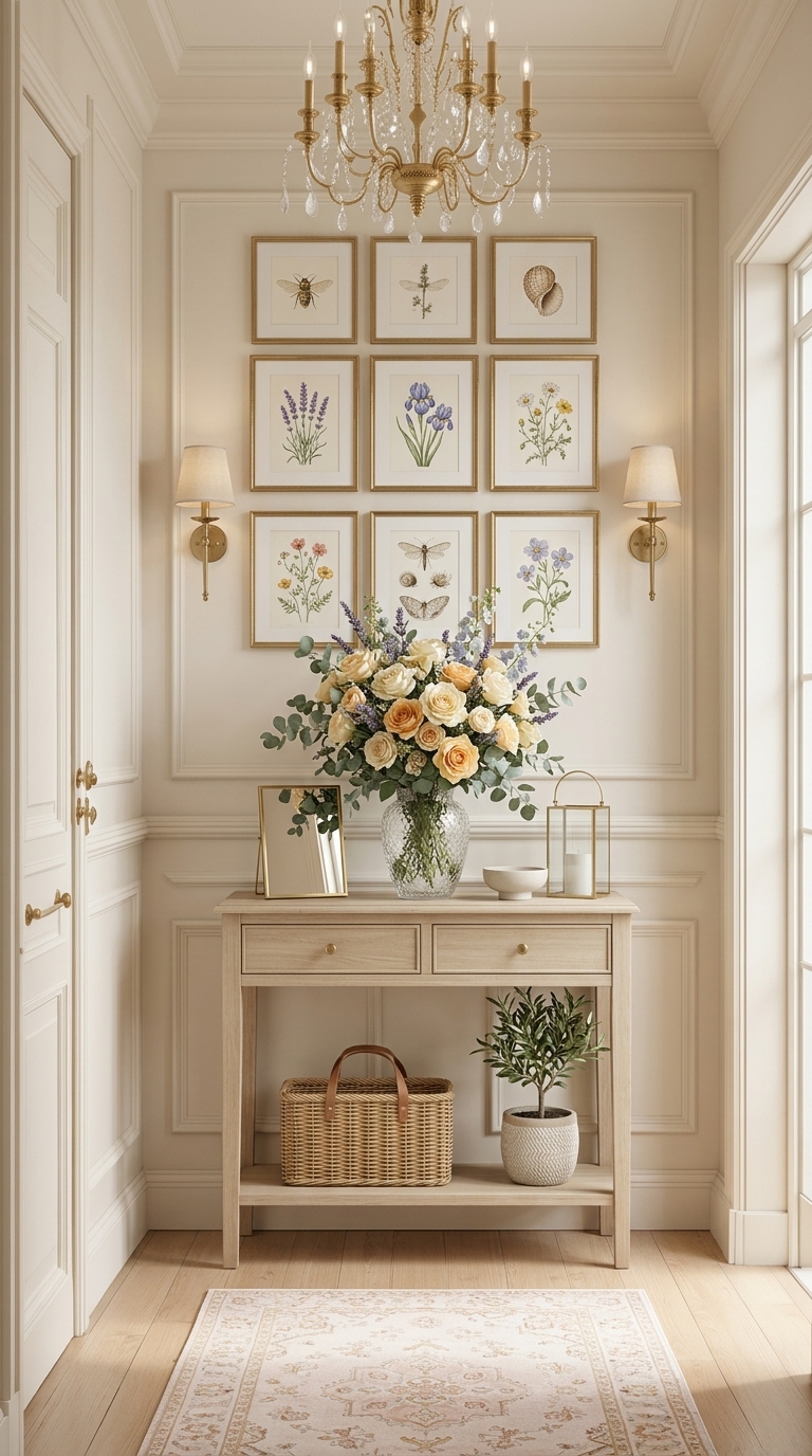 A light wood console table with a large floral arrangement, framed botanical prints, and a wicker basket on the lower shelf in a bright entryway.