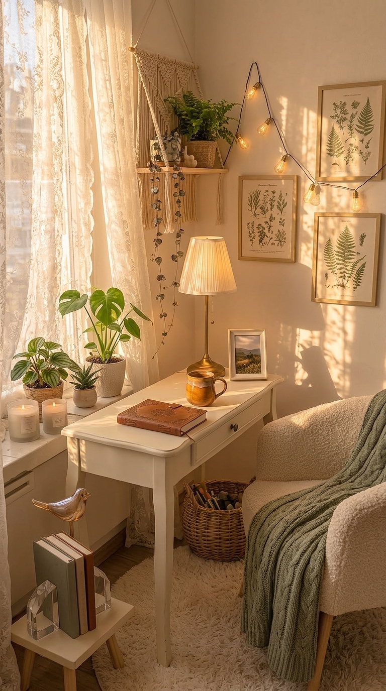 A cozy home office corner with a white desk, a hanging macrame shelf holding plants, and a window with sheer curtains letting in soft light.