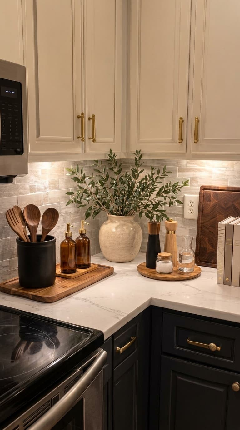 A modern kitchen corner with cream upper cabinets, dark lower cabinets, white marble countertops, and warm under-cabinet lighting illuminating a vase of greenery and wooden trays.