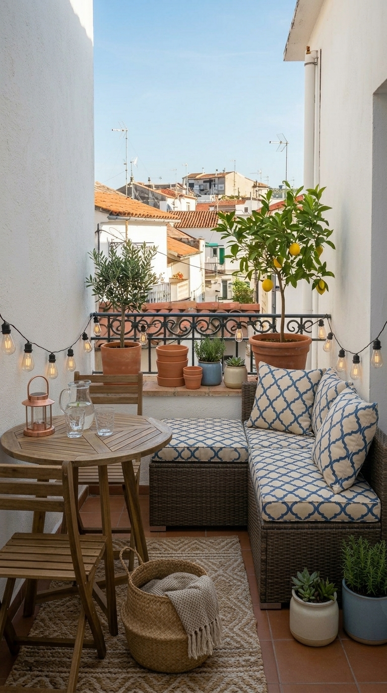 A cozy balcony with a wicker sofa, wooden table, potted plants, and string lights overlooking a cityscape.