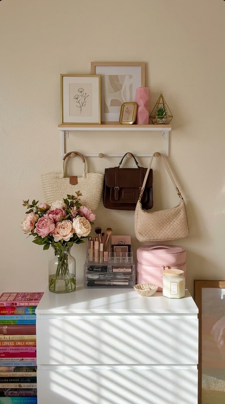 A cozy corner with a white dresser holding a vase of pink flowers, makeup organizers, and a candle, with a wall-mounted shelf above displaying framed art, a pink candle, and a small plant, and three handbags hanging on hooks below the shelf.