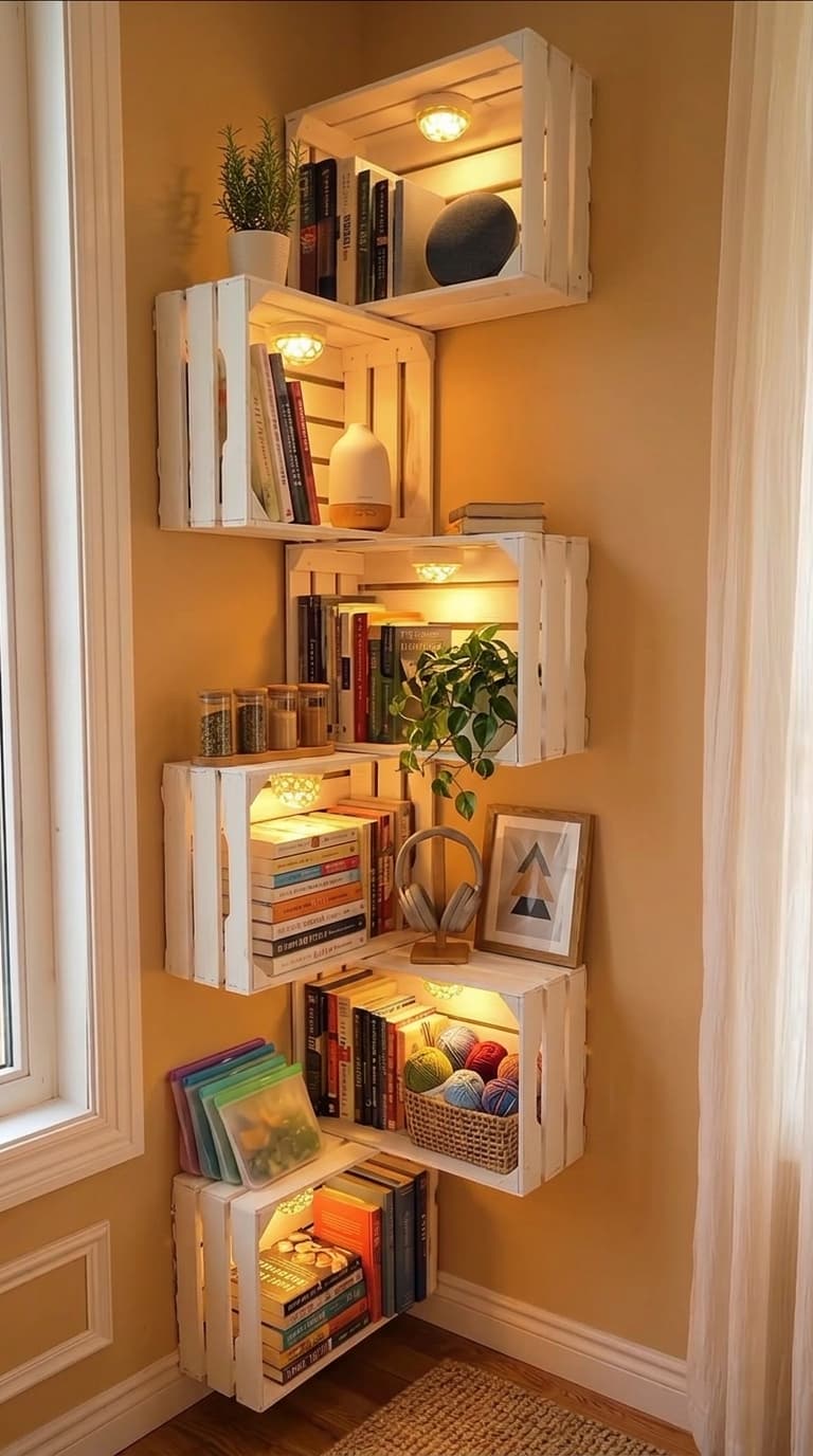 A corner wall decorated with white wooden crates arranged in a staggered, ascending pattern, each illuminated with warm lights and filled with books, plants, and decorative items.