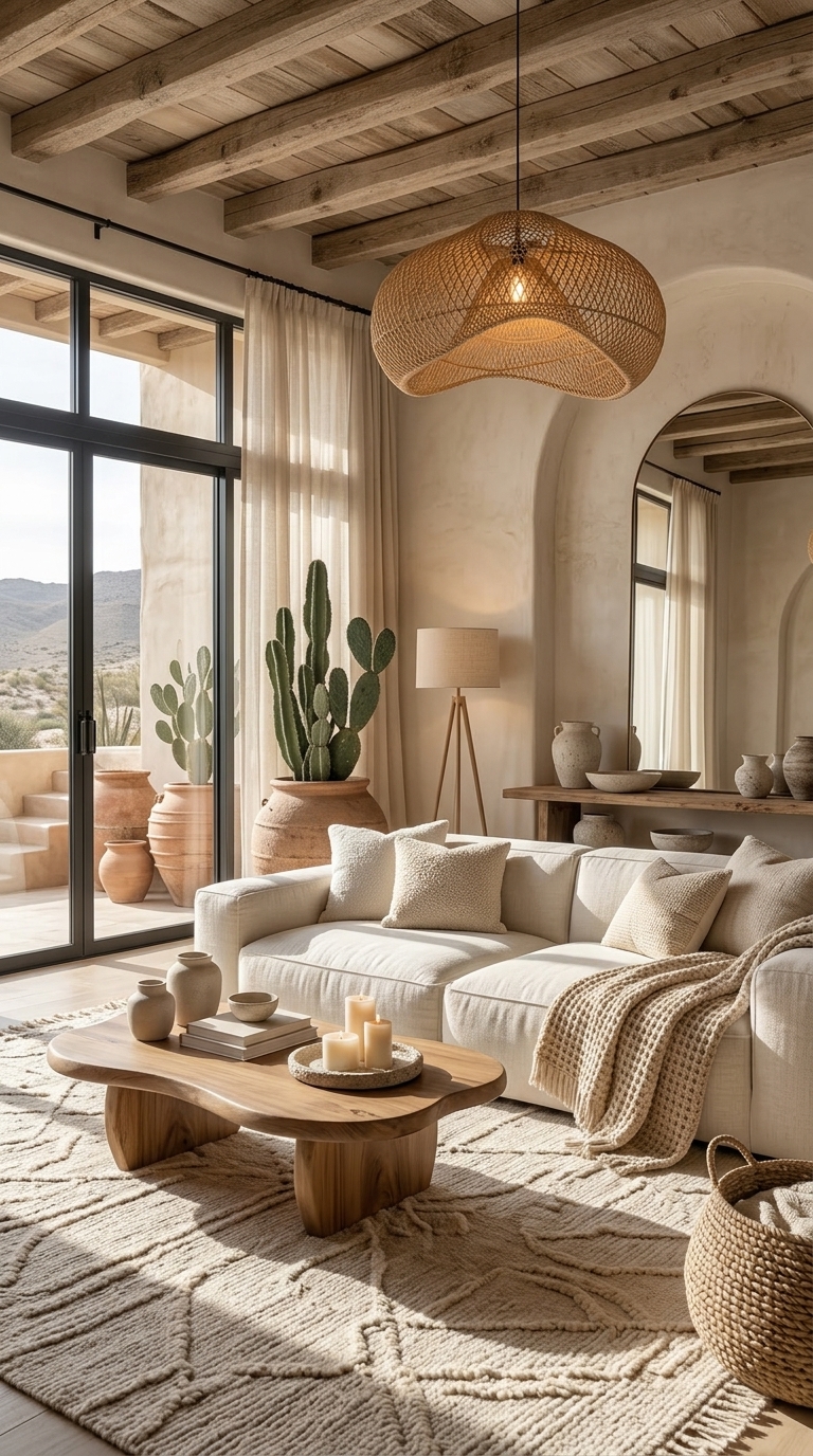 A cozy living room with a textured beige rug layered under a wooden coffee table and a cream sofa, featuring a woven pendant light and cactus plants.