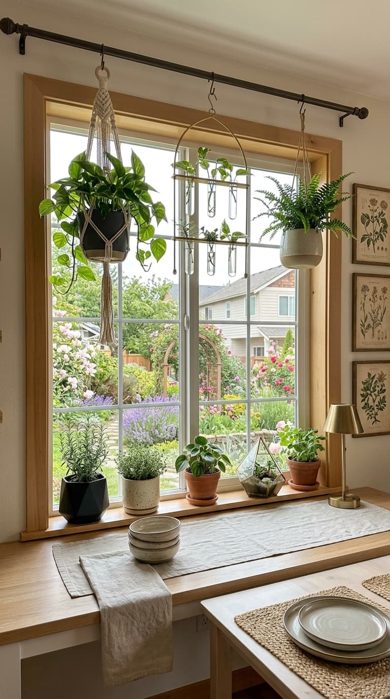 A cozy living room with a tall fiddle leaf fig in a woven basket, a trailing pothos on a bookshelf, and a small succulent arrangement on a coffee table.