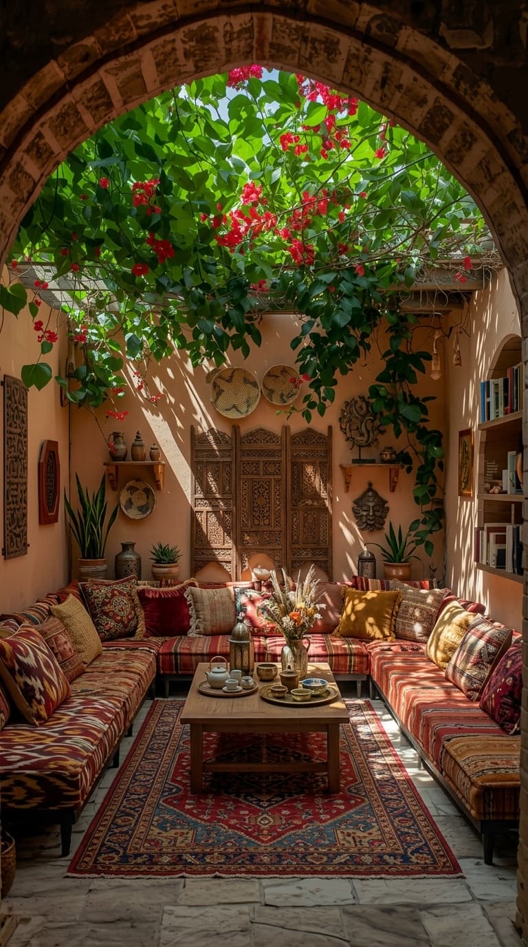 A cozy outdoor living room with a U-shaped sofa, wooden coffee table, and lush greenery overhead, viewed through a stone archway.
