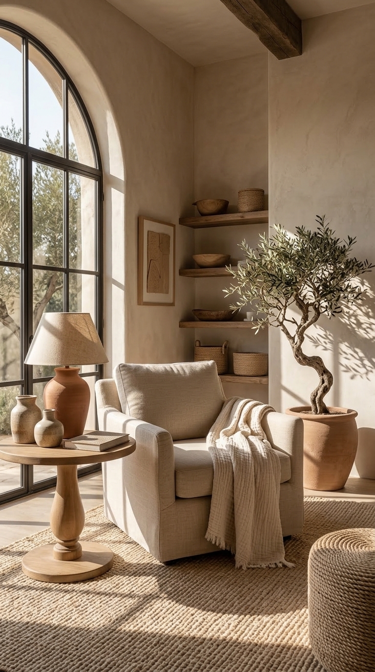 A comfortable living room with a plush sofa, soft lighting, and tasteful decor