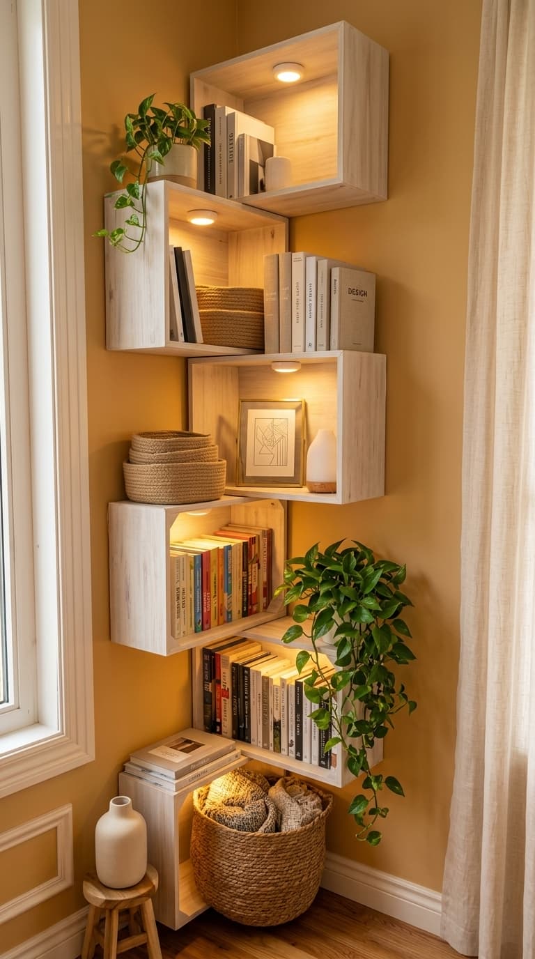 A corner wall with light wood floating shelves holding books, plants, and baskets, illuminated by built-in lights against a warm yellow wall.