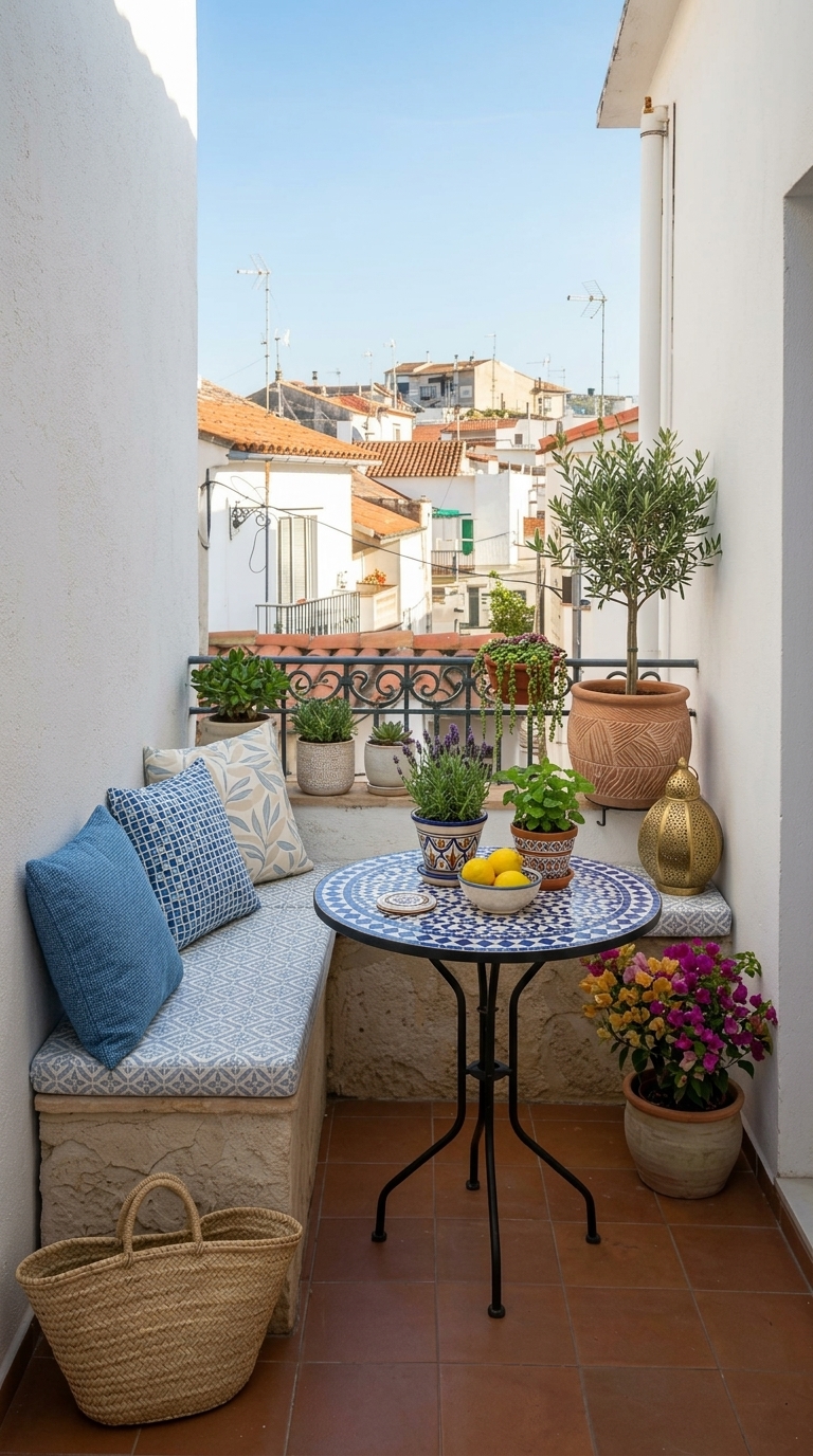 A small balcony with a built-in bench, a mosaic table, potted plants, and a view of white buildings with terracotta roofs.