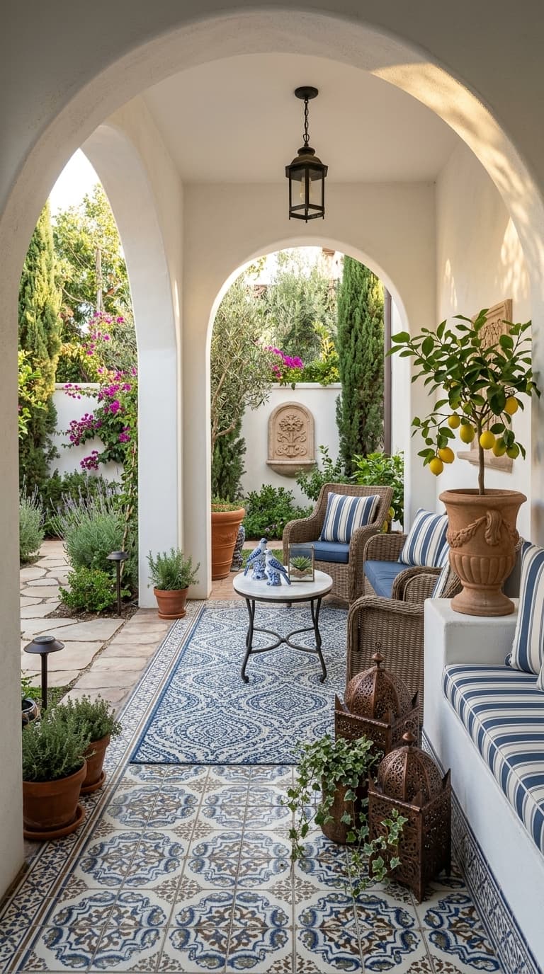 A covered outdoor corridor with white arches, blue and white patterned tile flooring, wicker furniture, and potted plants.