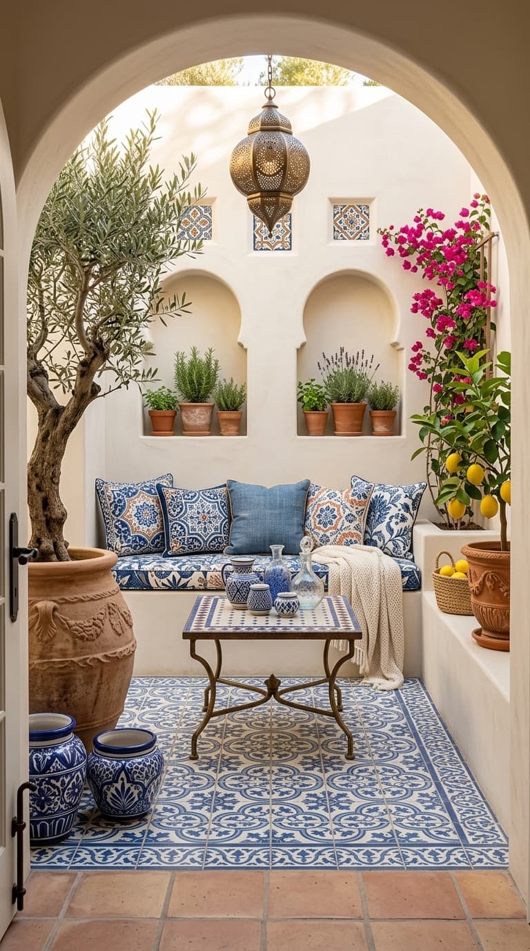 A comfortable living room with a plush sofa, layered rugs, soft lighting, and a coffee table with books and a plant.