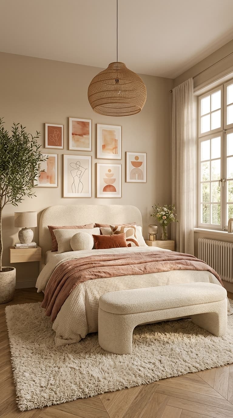 A serene bedroom with a large woven pendant light, a gallery wall of abstract and line art, a plush bed with textured linens, and a boucle bench at the foot of the bed.
