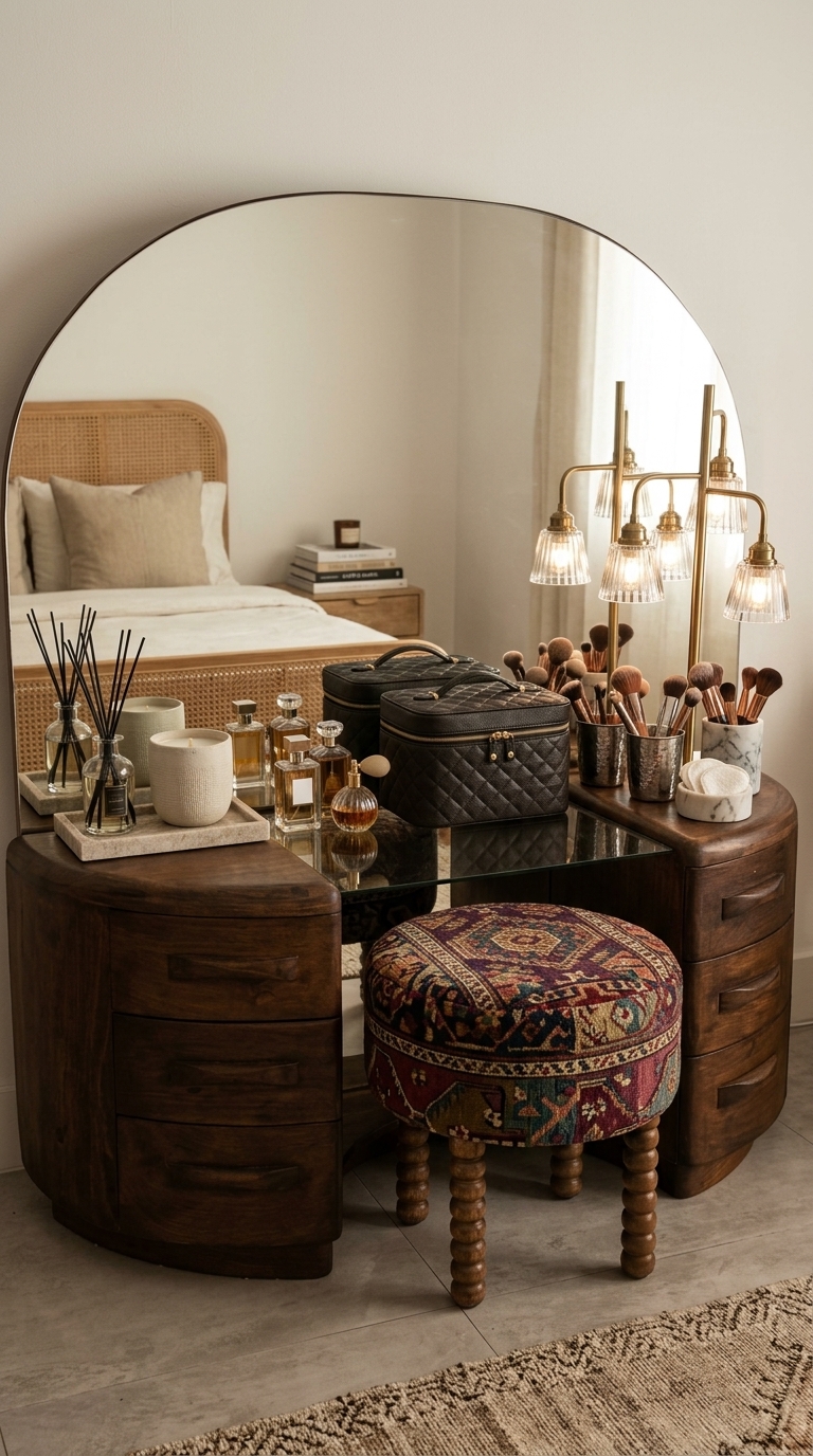 A wooden vanity with a large arched mirror, a patterned stool, and various beauty items arranged neatly on the glass top.