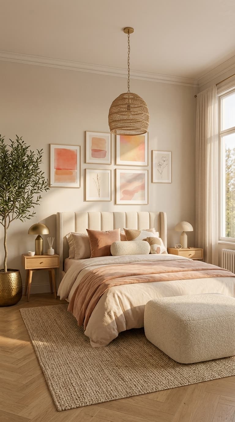A beautifully made bed with layered bedding in soft, warm tones, featuring a tufted headboard, accent pillows, a textured throw blanket, and a woven pendant light.