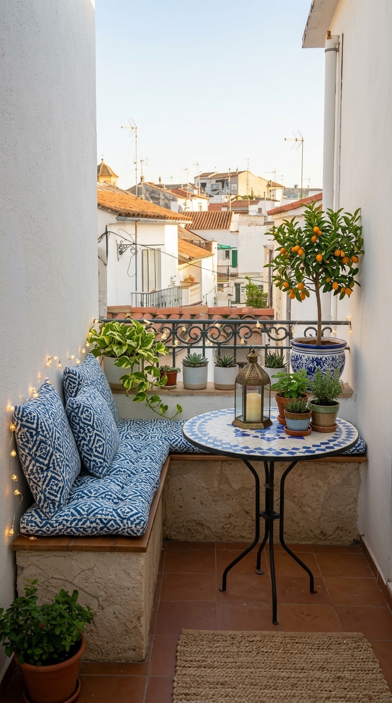 A small balcony with a built-in L-shaped bench, a mosaic table, potted plants, and a view of white buildings with terracotta roofs.