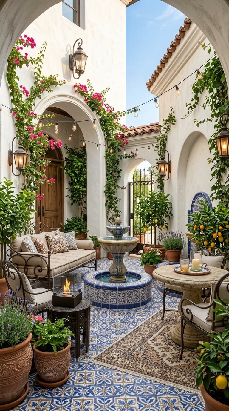 A charming outdoor courtyard with blue and white patterned tile flooring, a central fountain, and lush greenery.