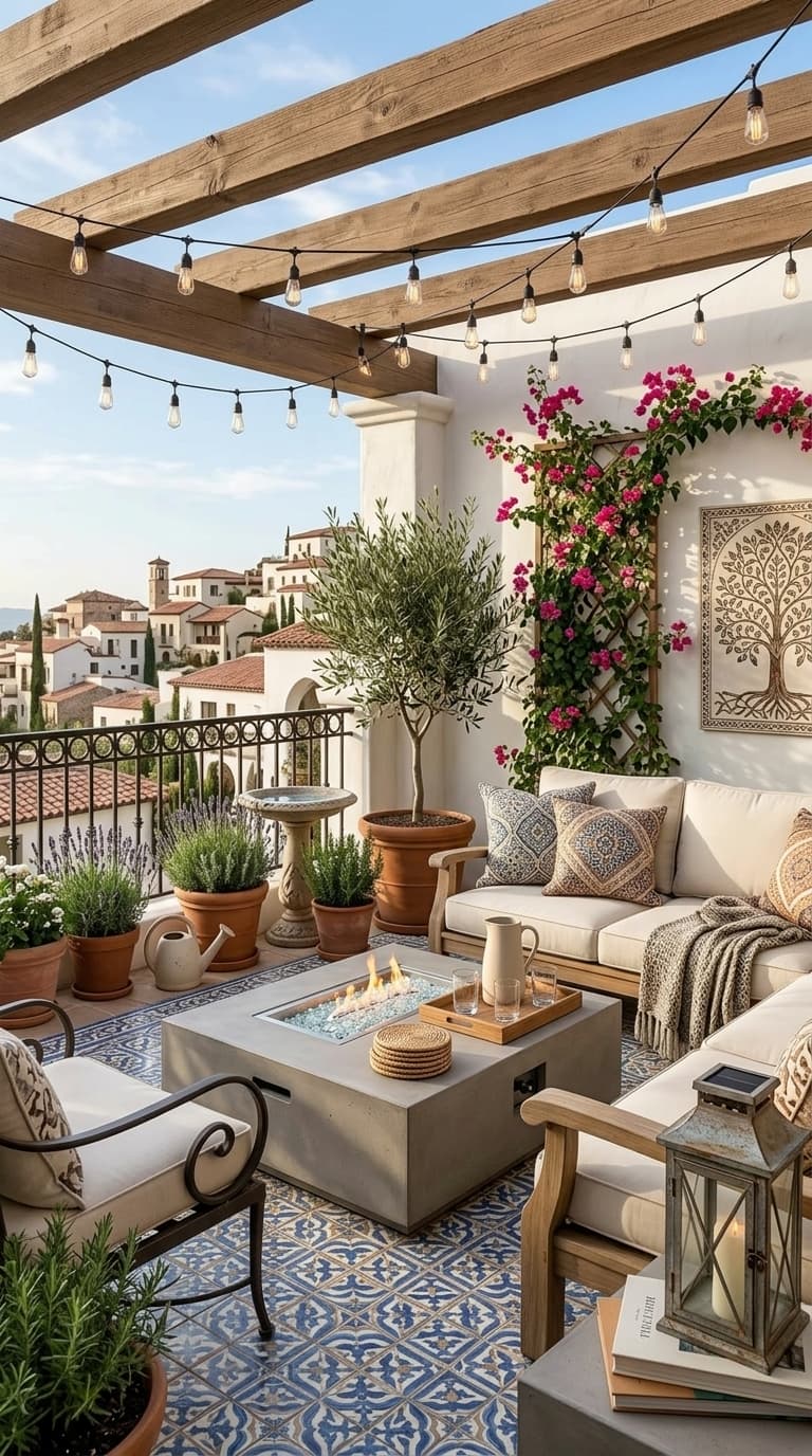 A cozy outdoor patio with a fire pit, string lights, and comfortable seating overlooking a scenic view.