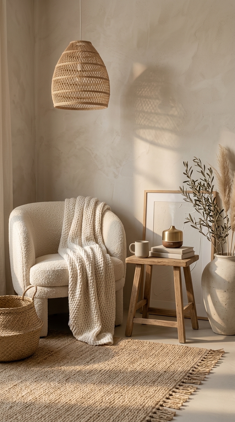 A cozy living room corner featuring a cream armchair with a chunky knit throw, a woven pendant lamp, a wooden side table with a diffuser, and a woven rug on the floor.