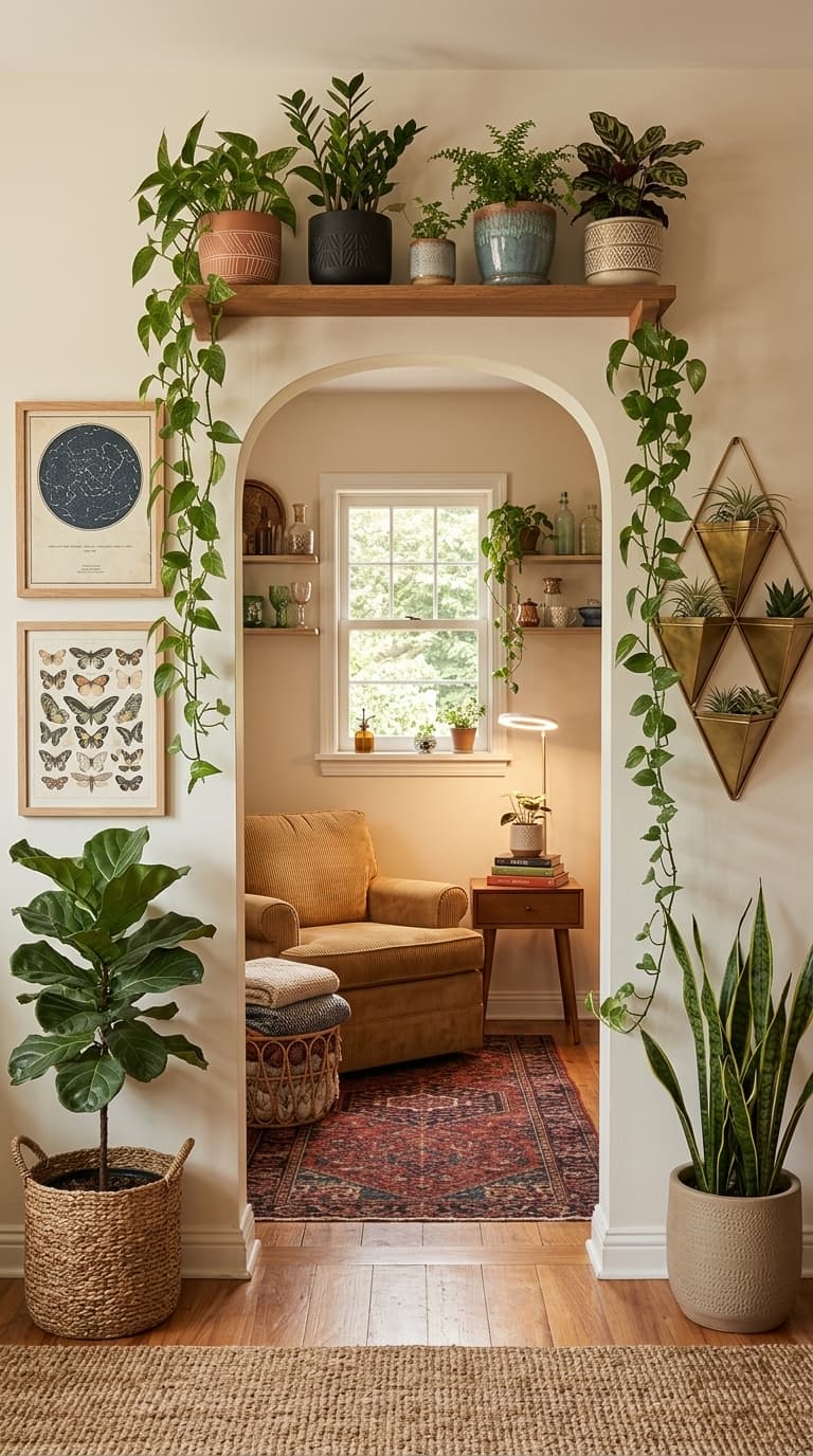 A comfortable living room with a plush sofa, layered rugs, soft lighting, and a coffee table with books and a plant.
