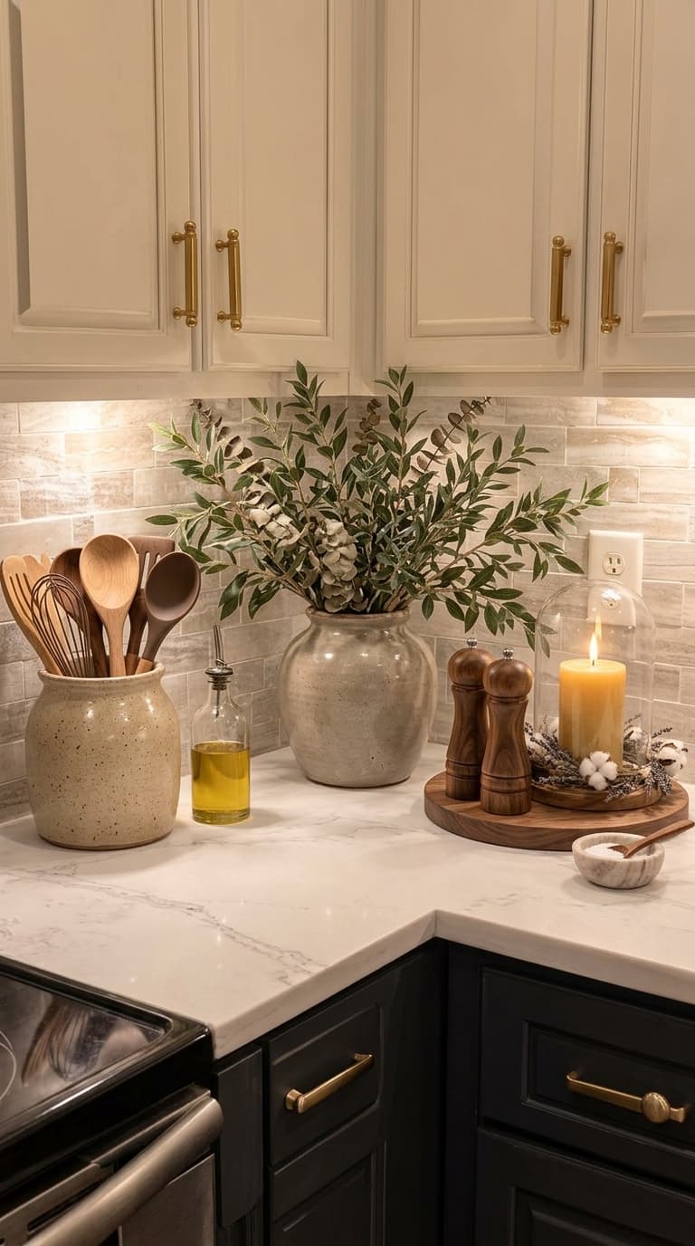 A kitchen corner with cream cabinets, gold hardware, white marble countertops, and organized decor including a vase of greenery, utensil jar, and candle.