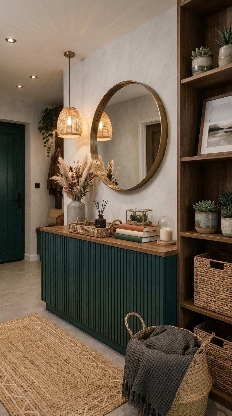Modern entryway with a green paneled cabinet, wooden top, round gold-framed mirror, woven pendant light, and a tall wooden bookshelf with plants and baskets, featuring a jute rug and a wicker basket with a blanket.