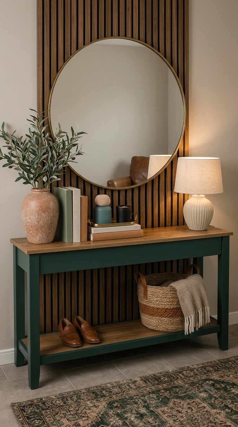 A green console table with a wooden top, holding a vase of greenery, books, and a lamp, set against a wood slat wall with a round mirror.