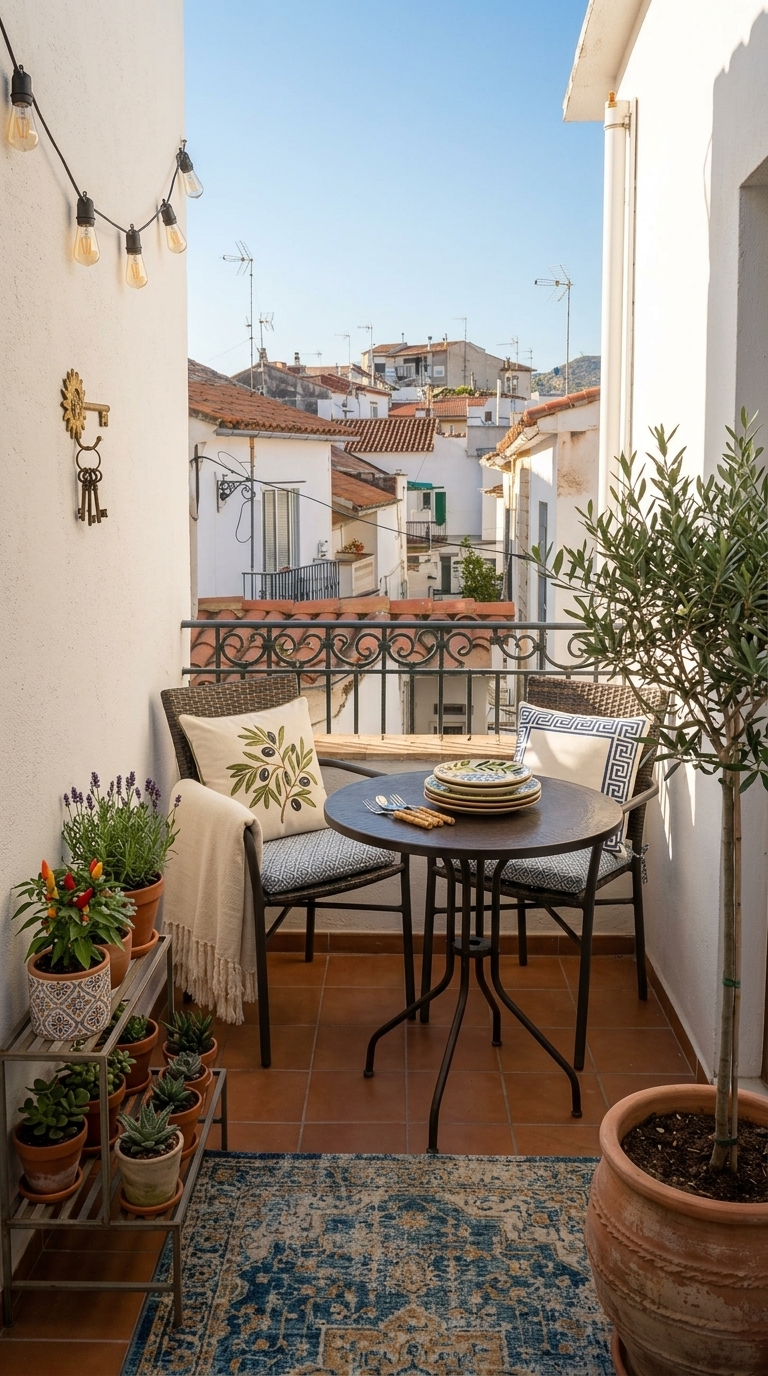 A small balcony with a round table, two chairs, potted plants, and a view of white buildings with red tile roofs.