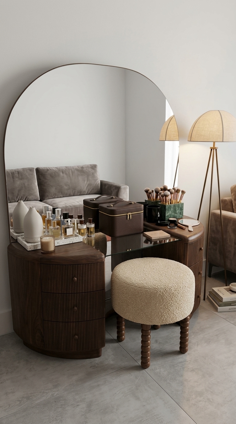 A comfortable living room with a plush sofa, layered rugs, soft lighting, and a coffee table with books and a plant.