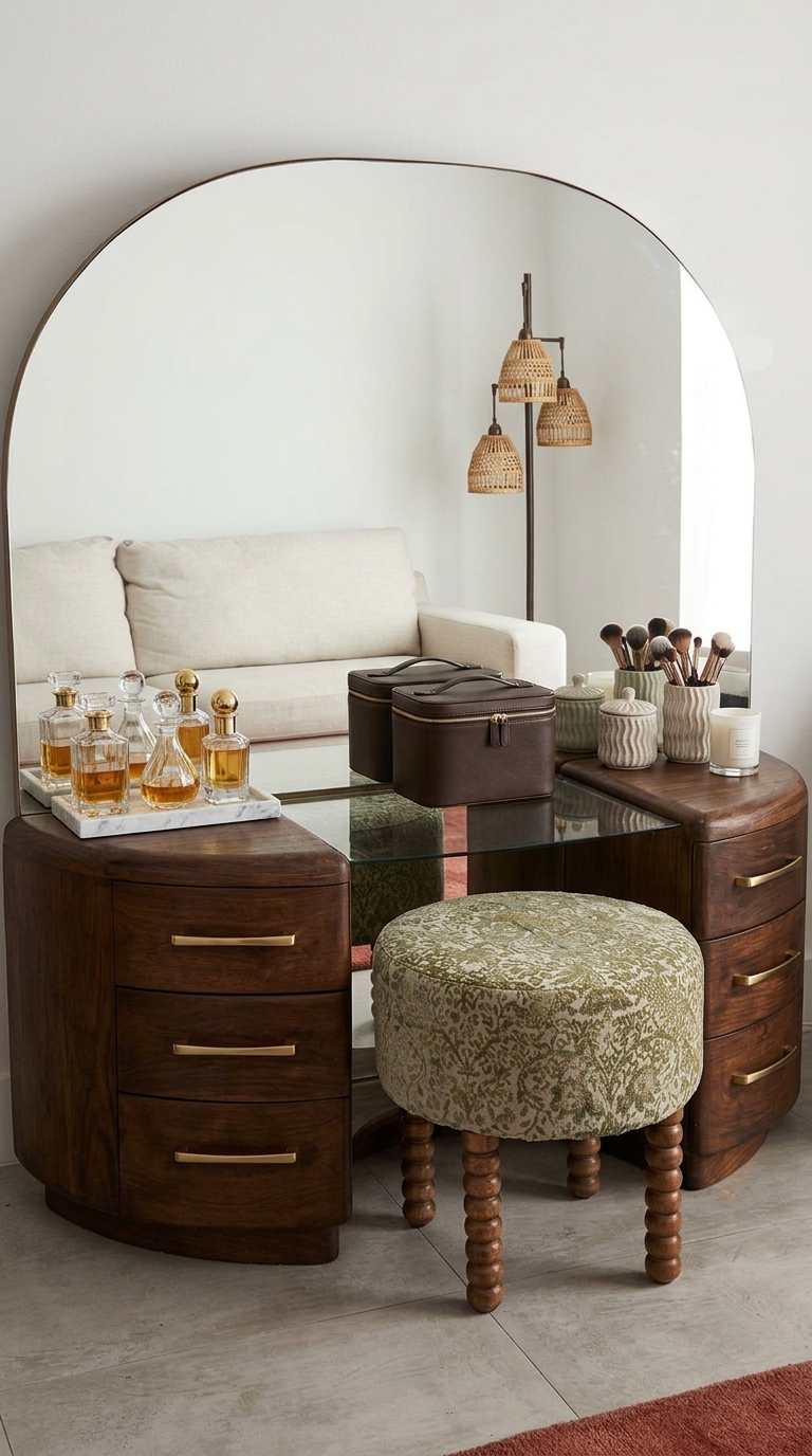 A curved wooden vanity with a glass top, large arched mirror, and a patterned ottoman in a bright room.