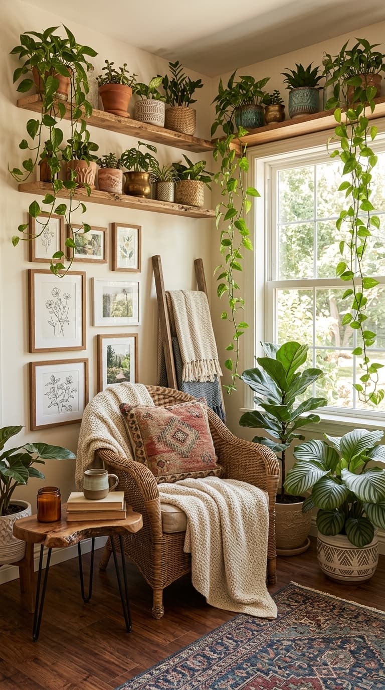 A cozy corner with wooden shelves holding various potted plants, a wicker chair, and a window letting in natural light.