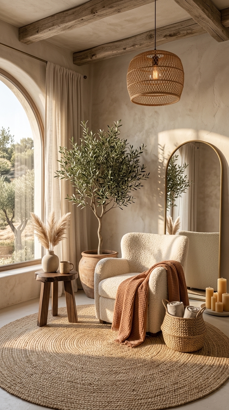 A woven pendant light hanging above an armchair in a bright living room