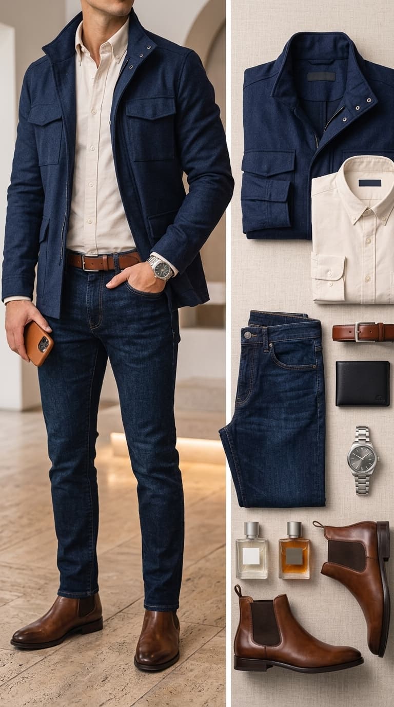 Man wearing a navy field jacket over a cream button-down shirt, dark wash jeans, and brown Chelsea boots, with a watch and phone. Flat lay shows the same outfit components.