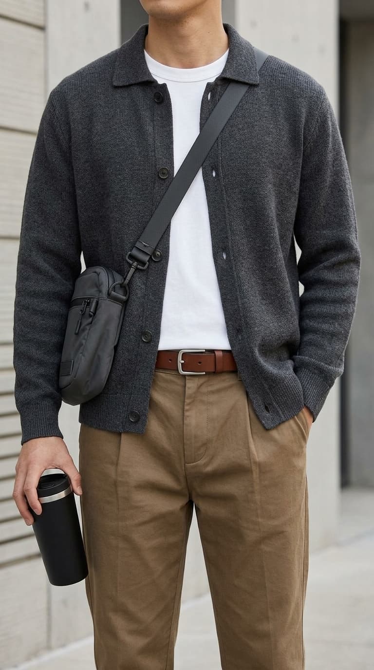 A man wearing a charcoal knit cardigan over a white t-shirt, brown belt, and khaki trousers, with a black crossbody bag and a travel mug.