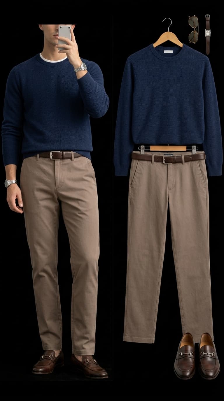Man wearing a navy crewneck sweater, khaki chinos, brown belt, and brown loafers, with a flat lay of the same outfit including sunglasses and a watch.