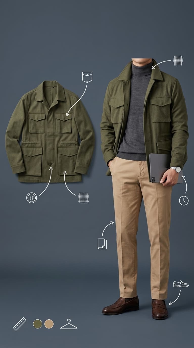 A man wearing a green field jacket over a grey turtleneck, with khaki chinos and brown loafers, with a separate view of the jacket.